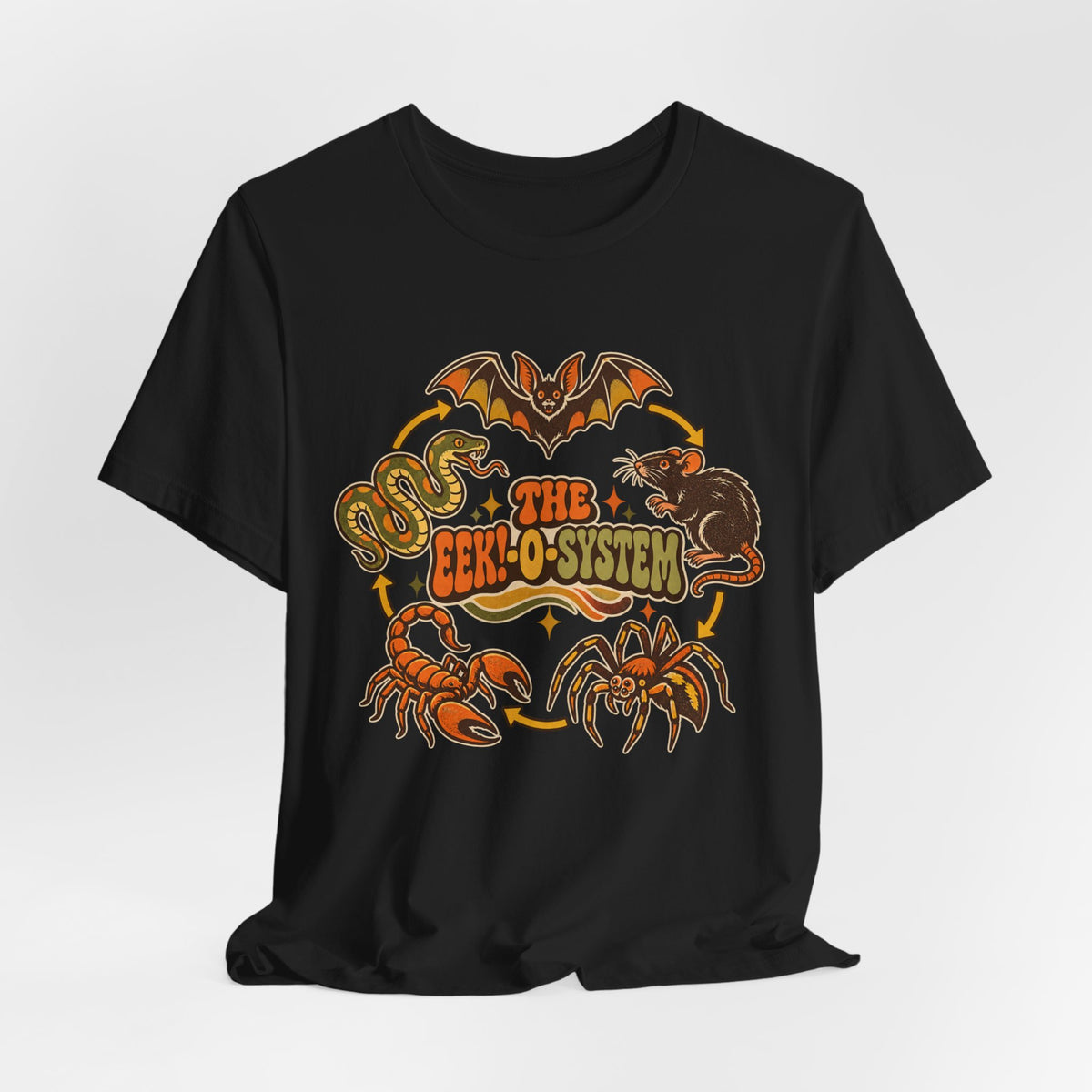 The Eek-O-System Creepy Critters T-Shirt in Black - funny spooky eek-o-system nature graphic tee, Barely Outdoorsy Bella Canvas 3001