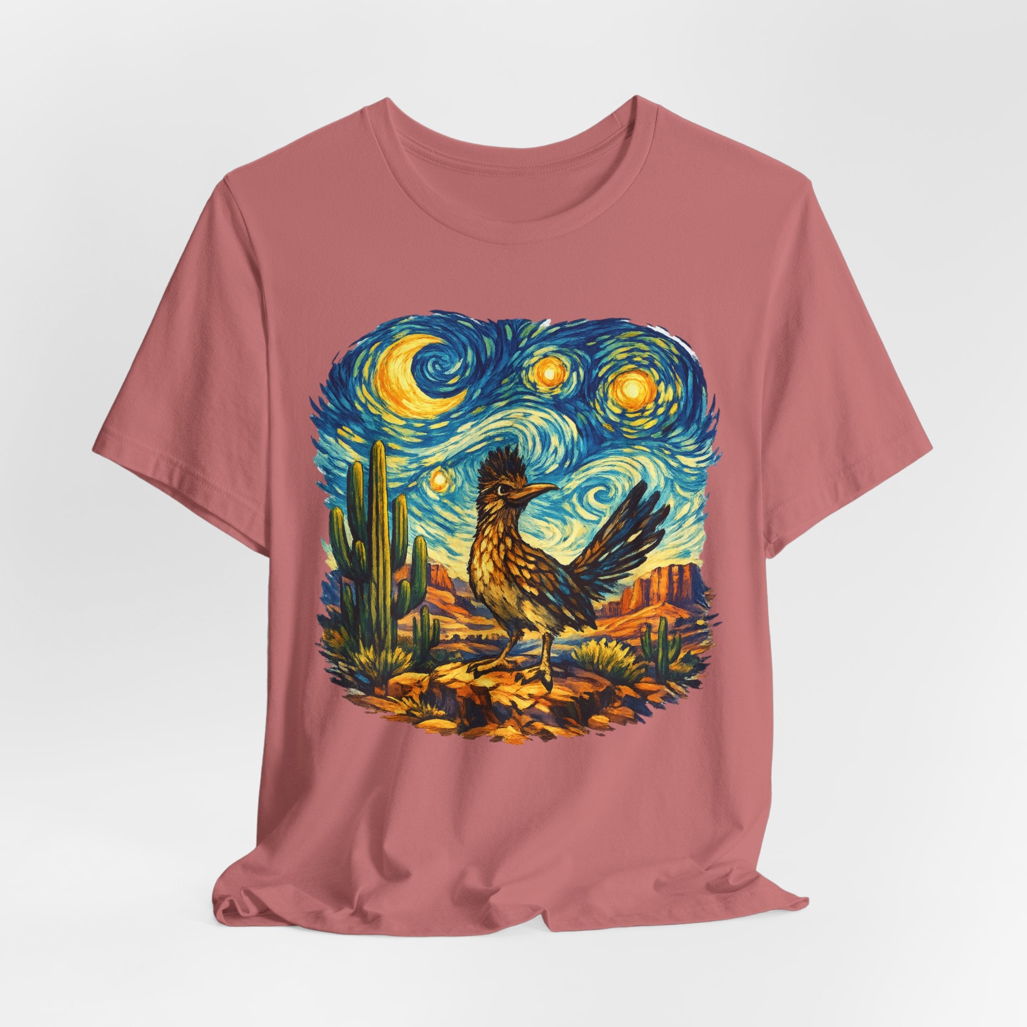 Starry Night Roadrunner T-Shirt in Black Heather - Van Gogh style swirling stars roadrunner graphic tee, Barely Outdoorsy