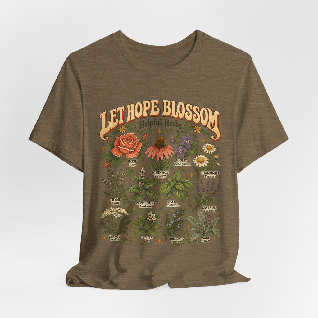 Let Hope Blossom Helpful Herbs T-Shirt in Heather Peach - cottagecore botanical helpful herbs hope wildflower graphic tee, Barely Outdoorsy