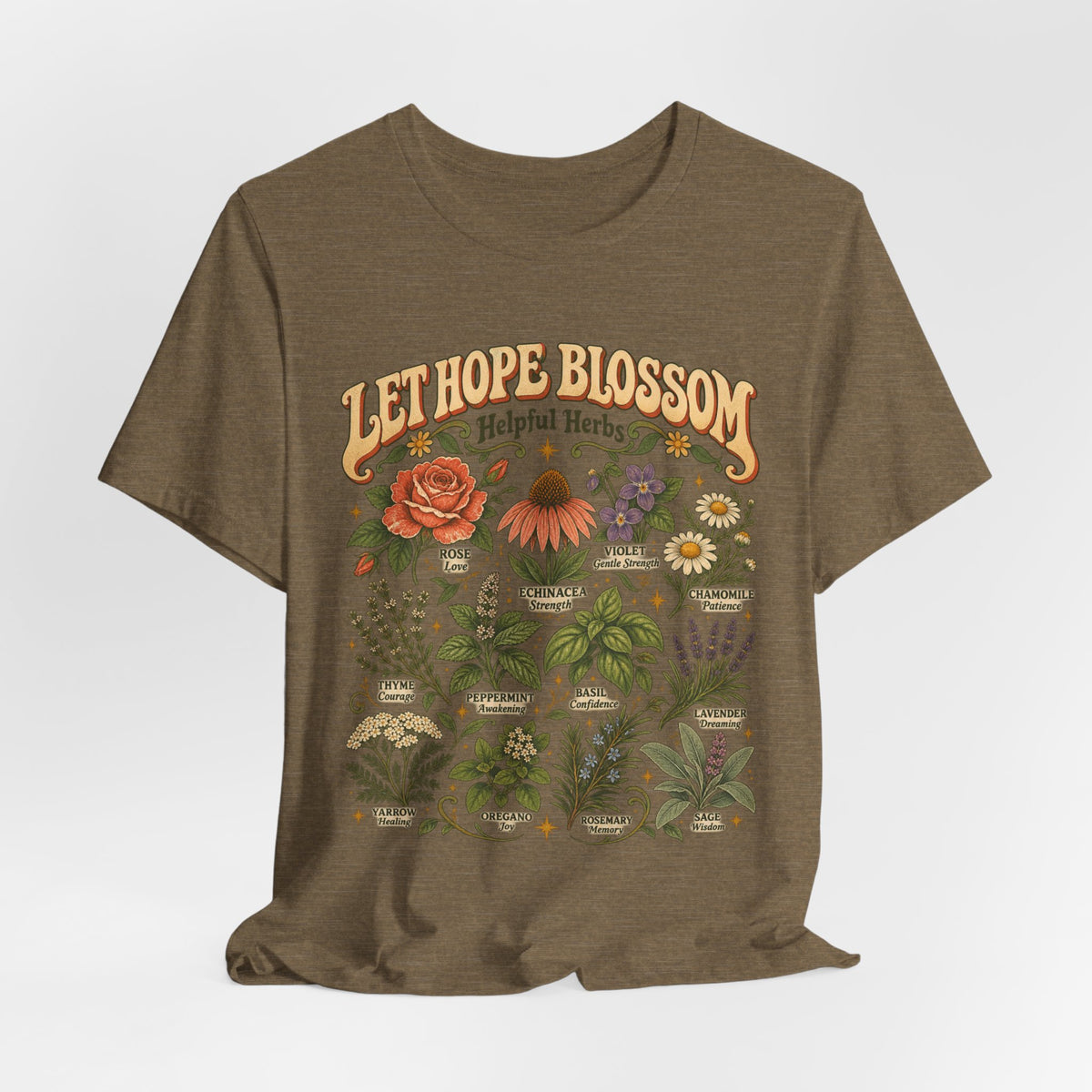 Let Hope Blossom Helpful Herbs T-Shirt in Heather Peach - cottagecore botanical helpful herbs hope wildflower graphic tee, Barely Outdoorsy