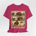 Do Not Pet the Locals Bison Tee flat lay Berry - unisex crew neck bison humor graphic tee, Barely Outdoorsy