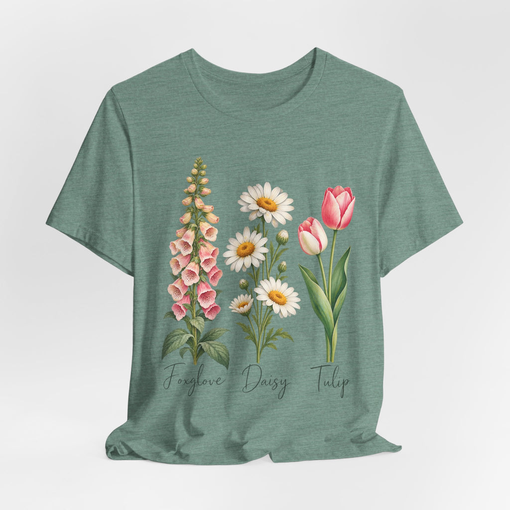 FDT Foxglove Daisy Tulip T-Shirt in White - funny botanical wildflower FDT foxglove daisy tulip graphic tee, Barely Outdoorsy
