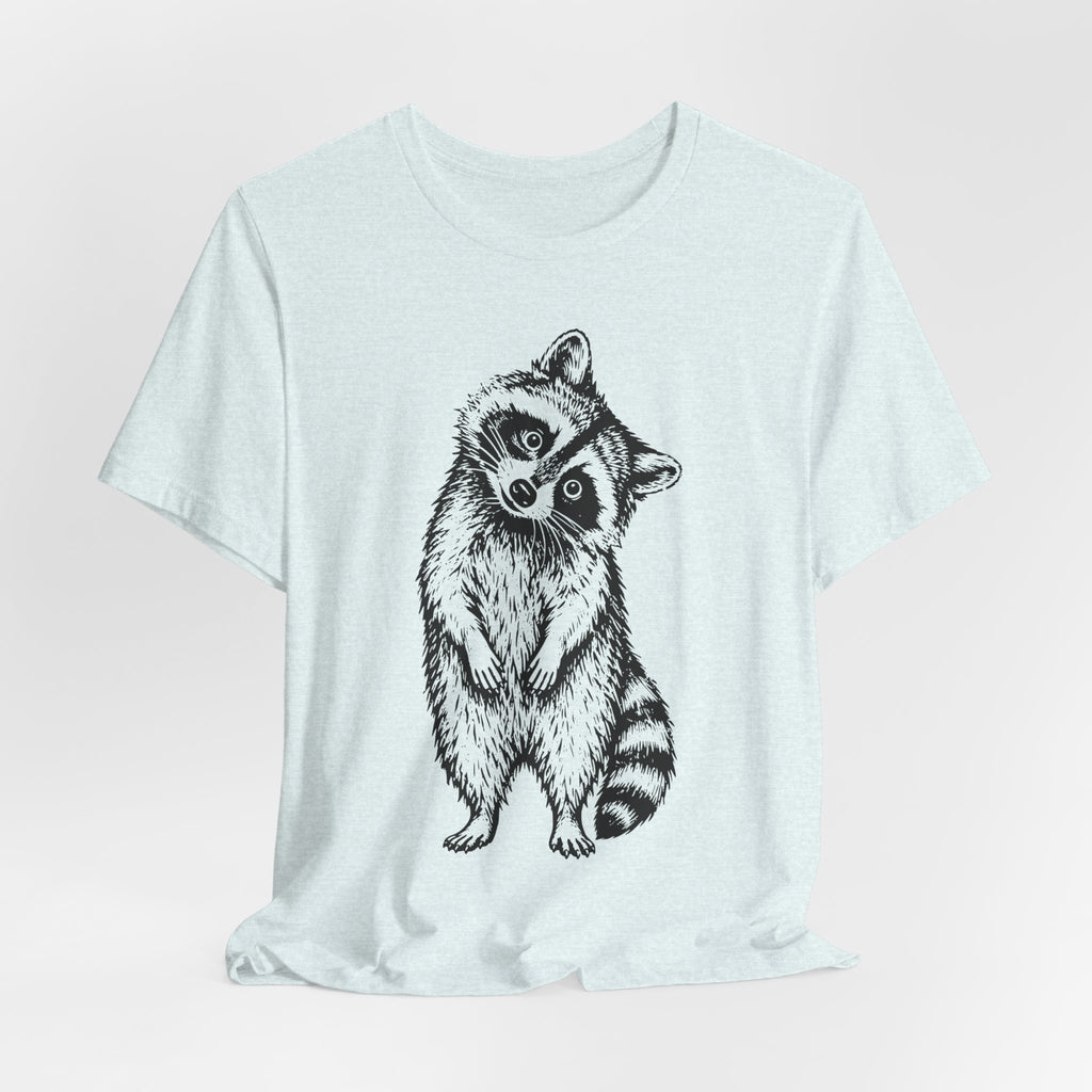 Suspicious Raccoon Tee in Pink detail - raccoon suspicious humor close-up graphic, Barely Outdoorsy Bella Canvas 3001