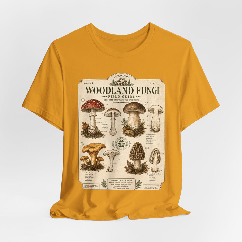 Woodland Fungi Field Guide Tee in Black detail - mushroom illustration foraging guide close-up graphic tee