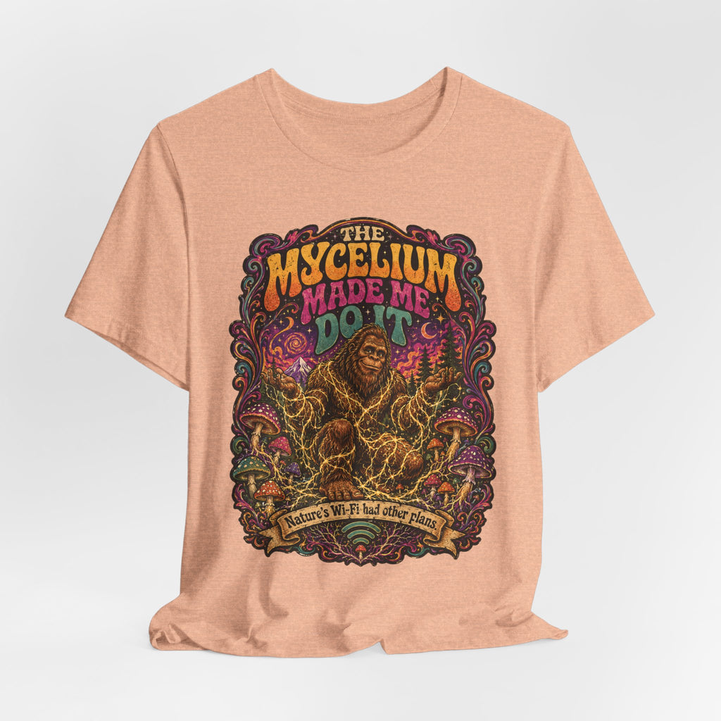 Mycelium Made Me Do It T-Shirt in Black Heather - funny Bigfoot mycelium graphic tee, Barely Outdoorsy