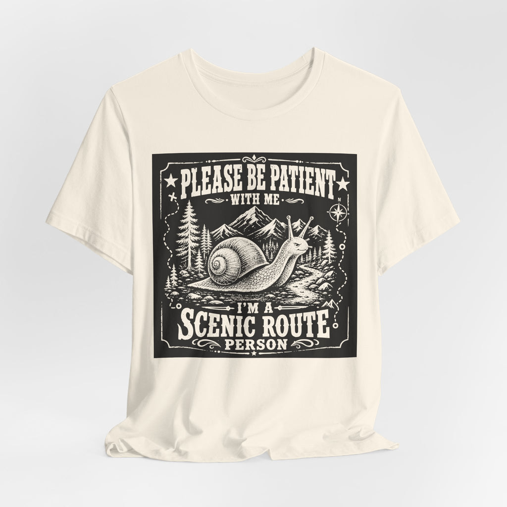 Scenic Route Person hiking trail funny t-shirt graphic tee BarelyOutdoorsy