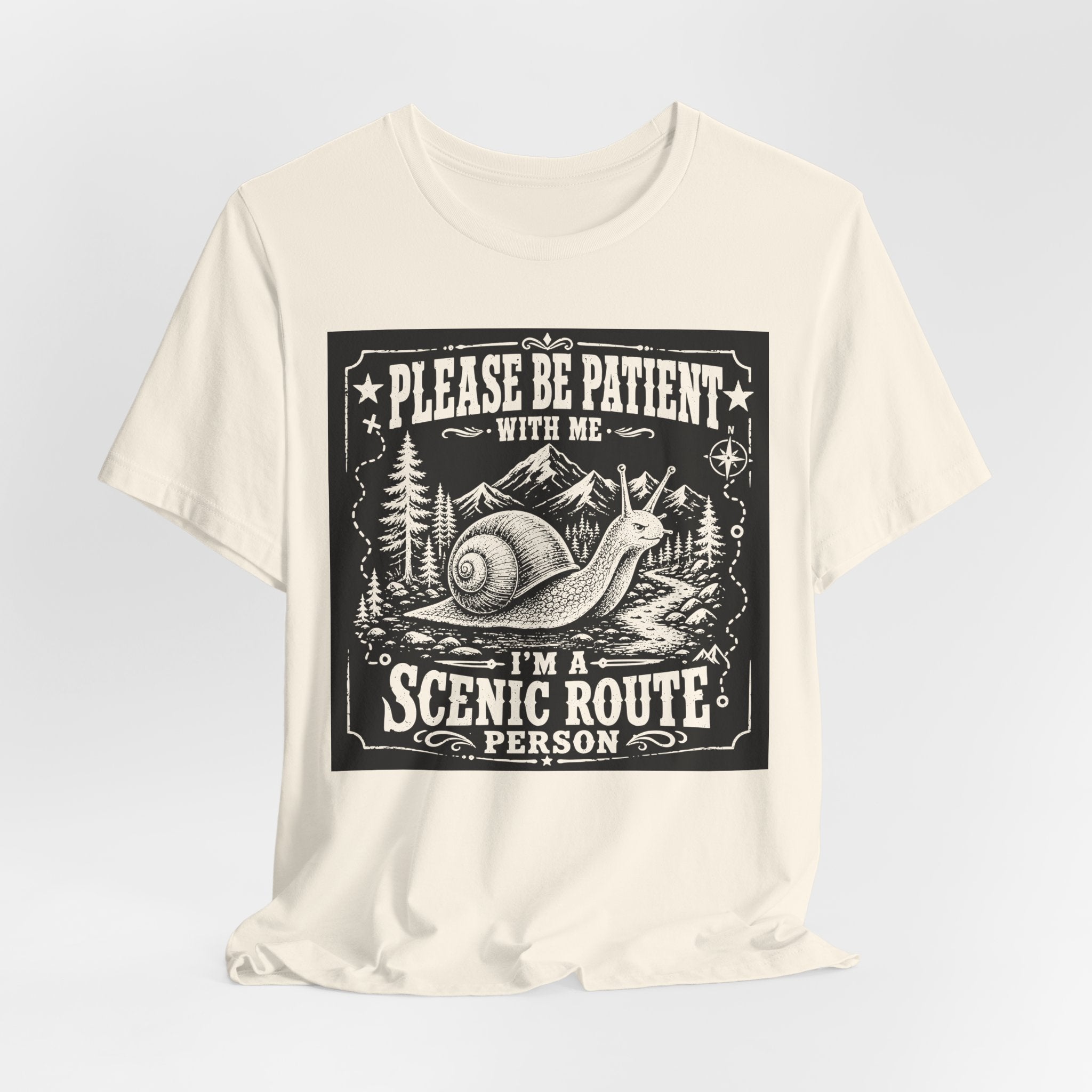 Scenic Route Person hiking trail funny t-shirt graphic tee BarelyOutdoorsy