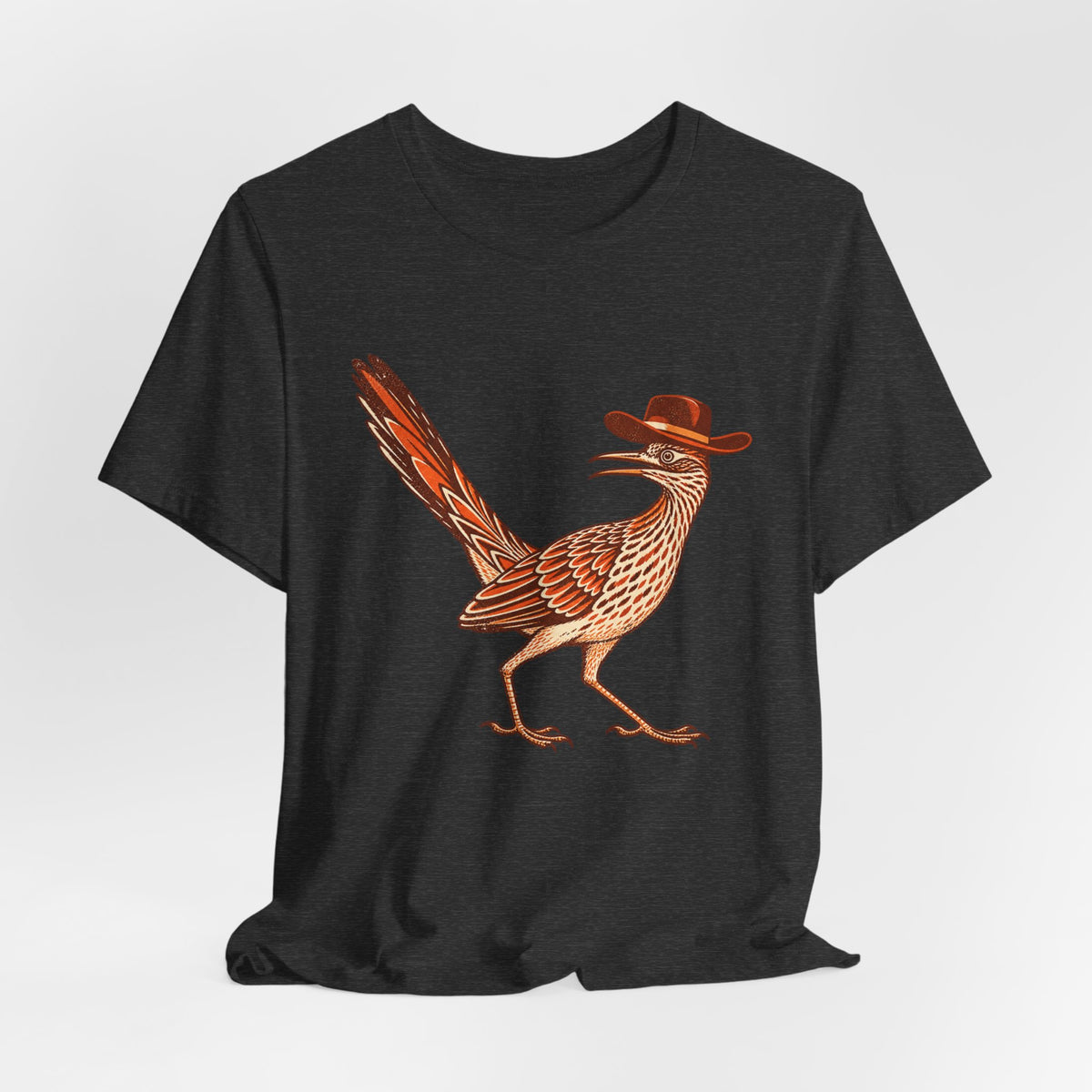 Cowboy Roadrunner T-Shirt in Black Heather - funny Southwest cowboy roadrunner humor graphic tee, Barely Outdoorsy