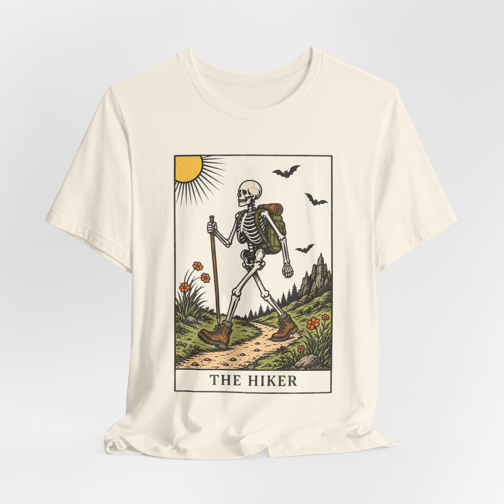 The Hiker Tarot Card Tee in Dark Grey Heather - funny skeleton hiker tarot card shirt, Barely Outdoorsy