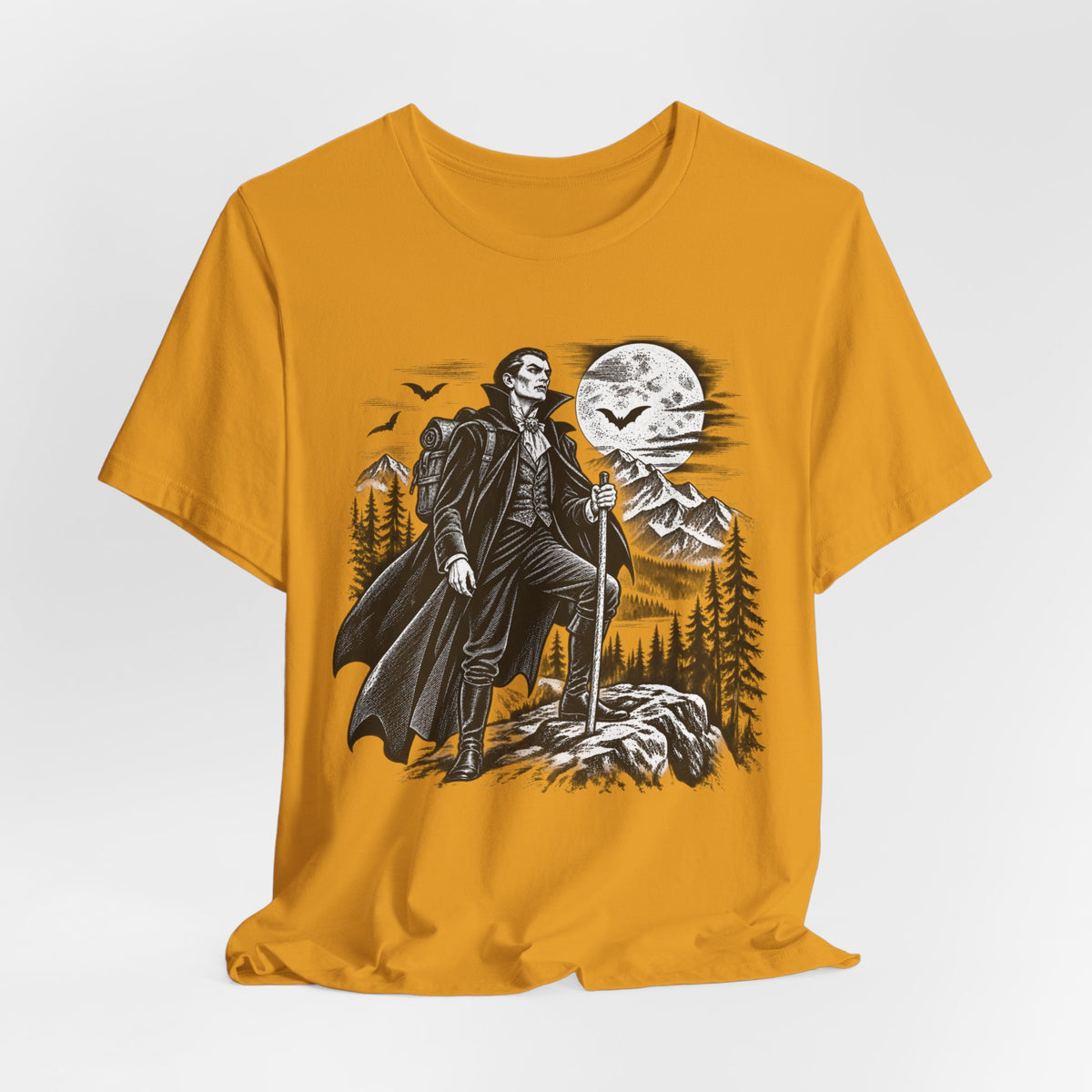 Vampire Night Hiker T-Shirt in Ocean Blue - funny Halloween vampire hiking graphic tee, Barely Outdoorsy Bella Canvas