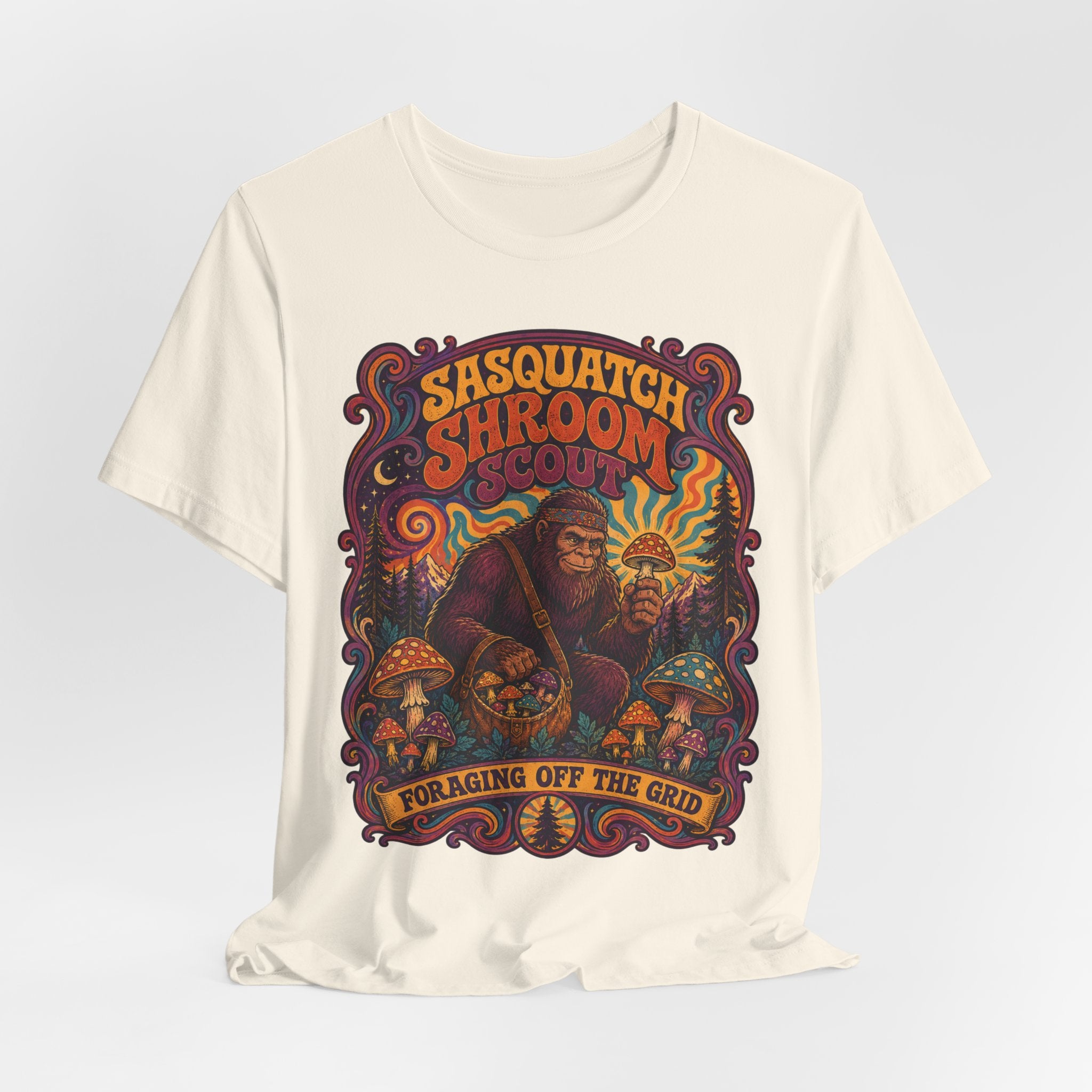 Sasquatch Shroom Scout T-Shirt in Dark Grey Heather - funny Bigfoot mushroom foraging graphic tee, Barely Outdoorsy Bella Canvas 3001