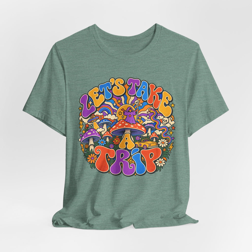 Let's Take a Trip Retro Tee in White - retro psychedelic road trip toadstool shirt, Barely Outdoorsy Bella Canvas 3001