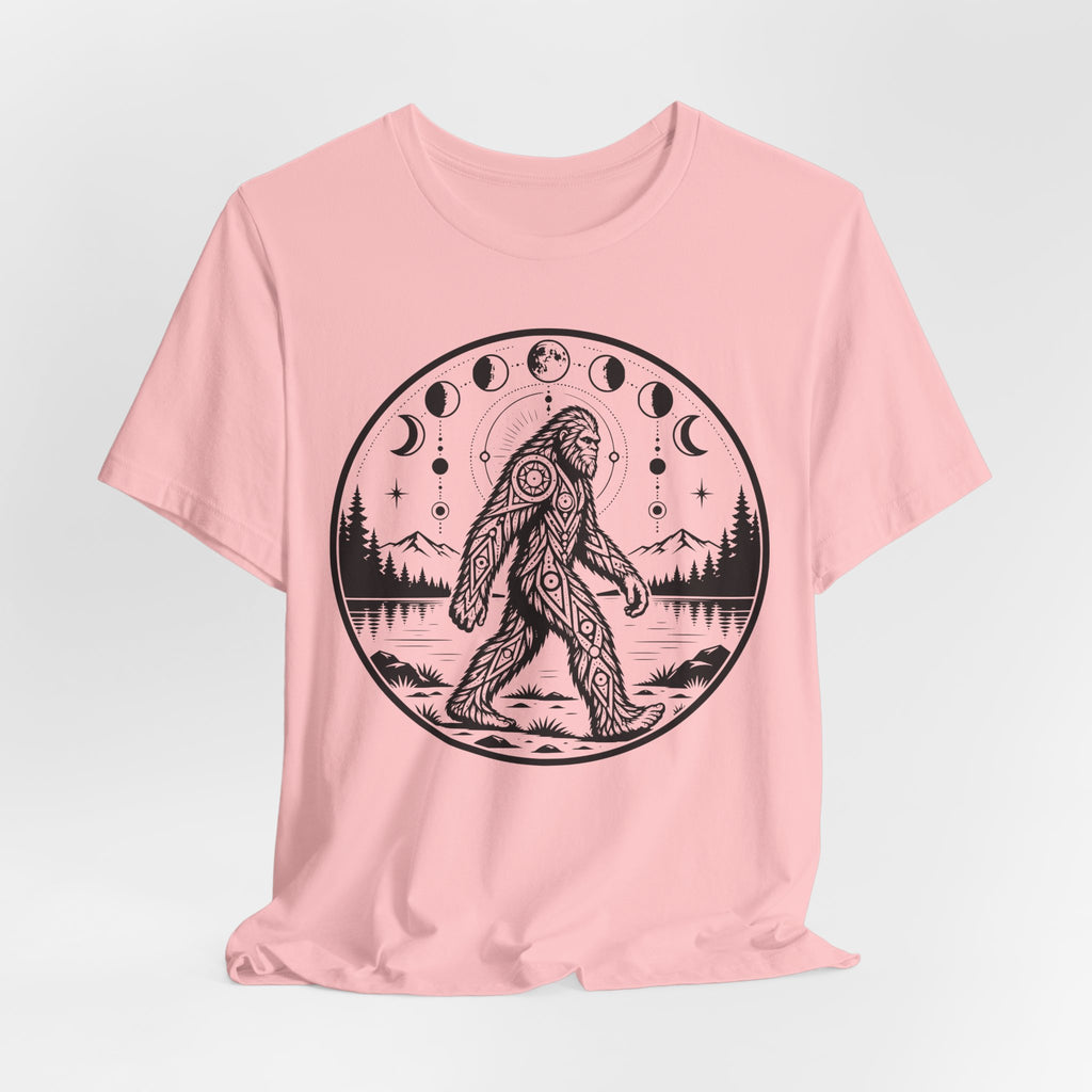 Bigfoot Moon Phases Tee in White worn shot - celestial Bigfoot lunar shirt, Barely Outdoorsy Bella Canvas