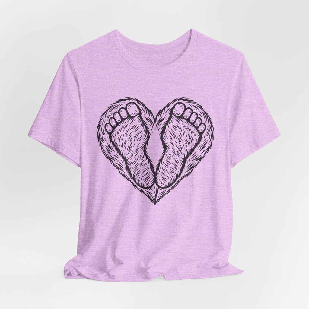 Bigfoot Feet Heart Tee in White detail - Sasquatch feet heart close-up graphic, Barely Outdoorsy Bella Canvas 3001
