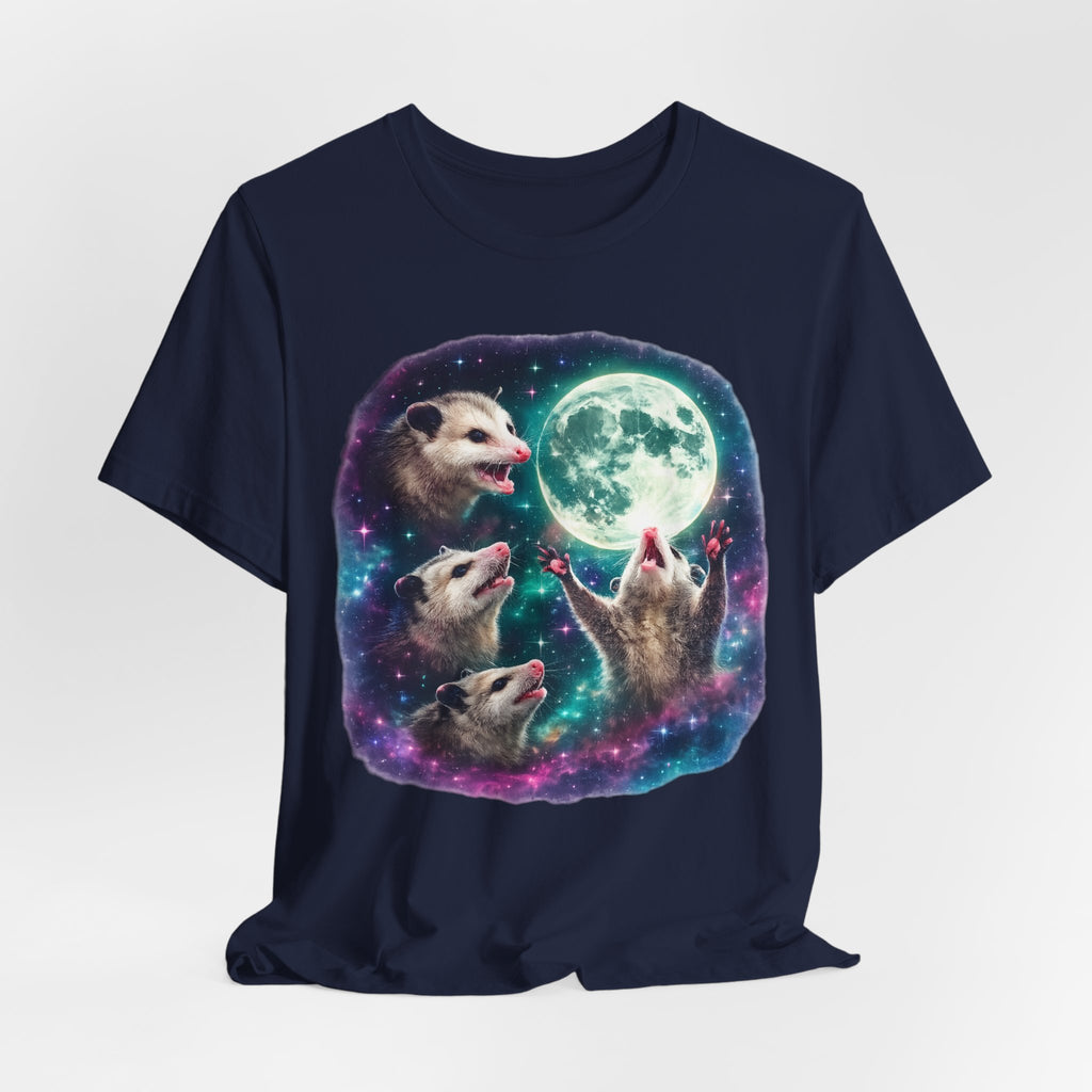 Three Opossum Moon Tee in Black worn shot - opossum trio moon parody humor shirt, Barely Outdoorsy