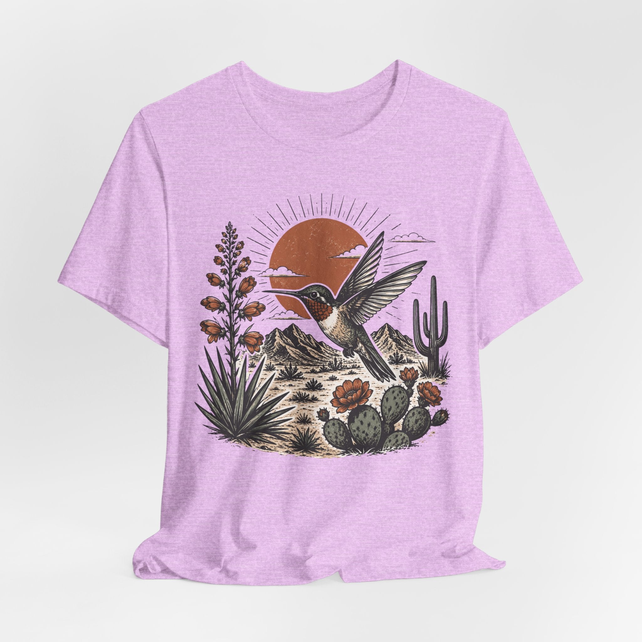 Sunset Hummingbird Desert Tee flat lay Athletic Heather - unisex crew neck hummingbird sunset graphic tee, Barely Outdoorsy