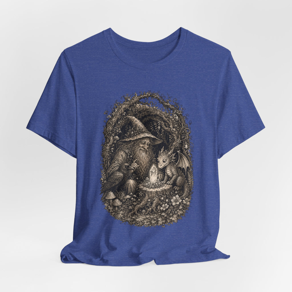 Wizard and Dragon T-Shirt in Heather Prism Lilac - painterly fantasy wizard dragon graphic tee, Barely Outdoorsy