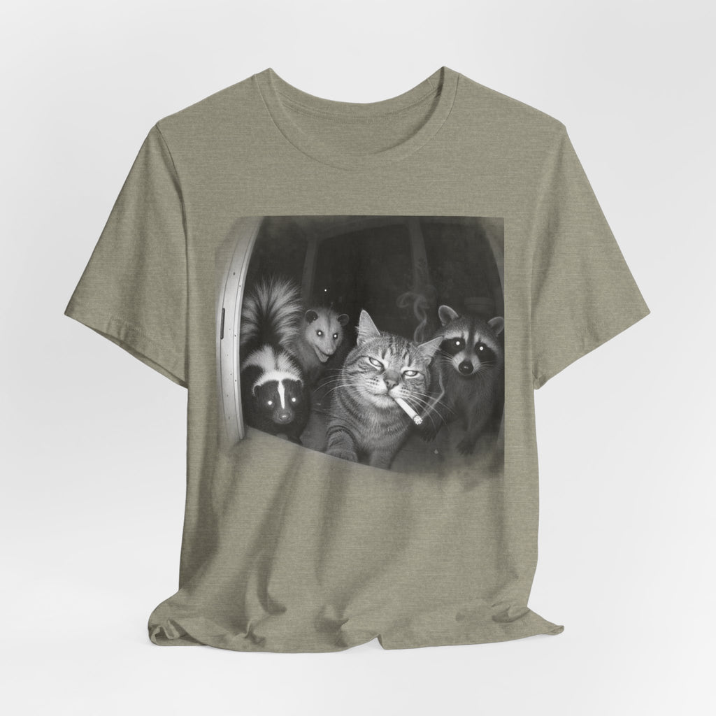 Midnight Trash Crew T-Shirt in Heather Brown - funny goblincore raccoon opossum midnight crew graphic tee, Barely Outdoorsy