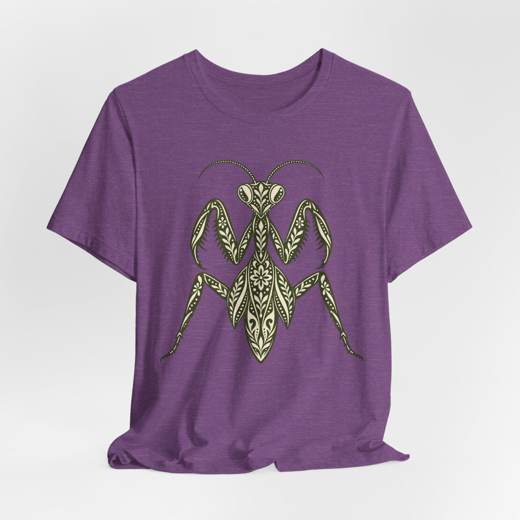 Ornamental Praying Mantis T-Shirt in Heather Olive - goblincore ornamental folk art praying mantis insect graphic tee, Barely Outdoorsy