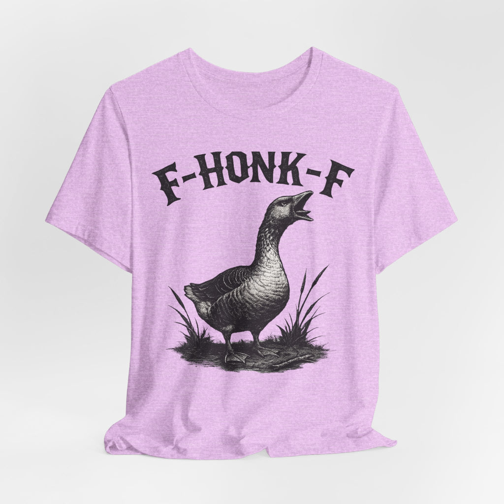F-HONK-F Funny Goose T-Shirt in White detail - gothic blackletter goose close-up graphic, Barely Outdoorsy