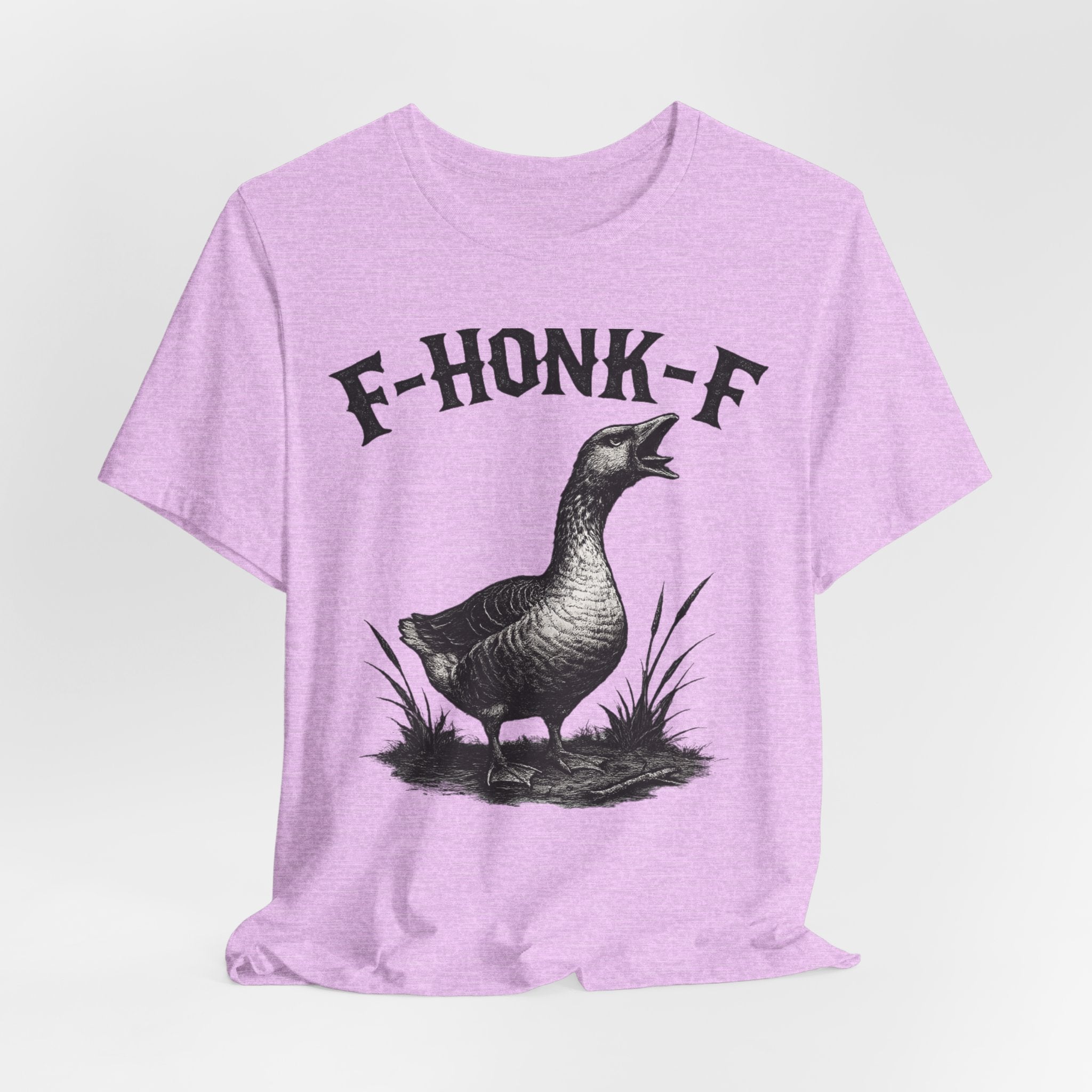 F-HONK-F Funny Goose T-Shirt in White detail - gothic blackletter goose close-up graphic, Barely Outdoorsy