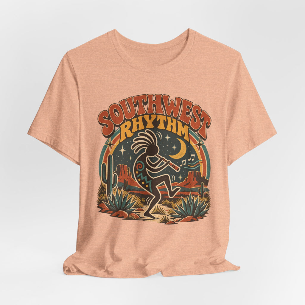 Southwest Rhythm Kokopelli T-Shirt in Athletic Heather - retro Kokopelli Southwest rhythm graphic tee, Barely Outdoorsy Bella Canvas 3001