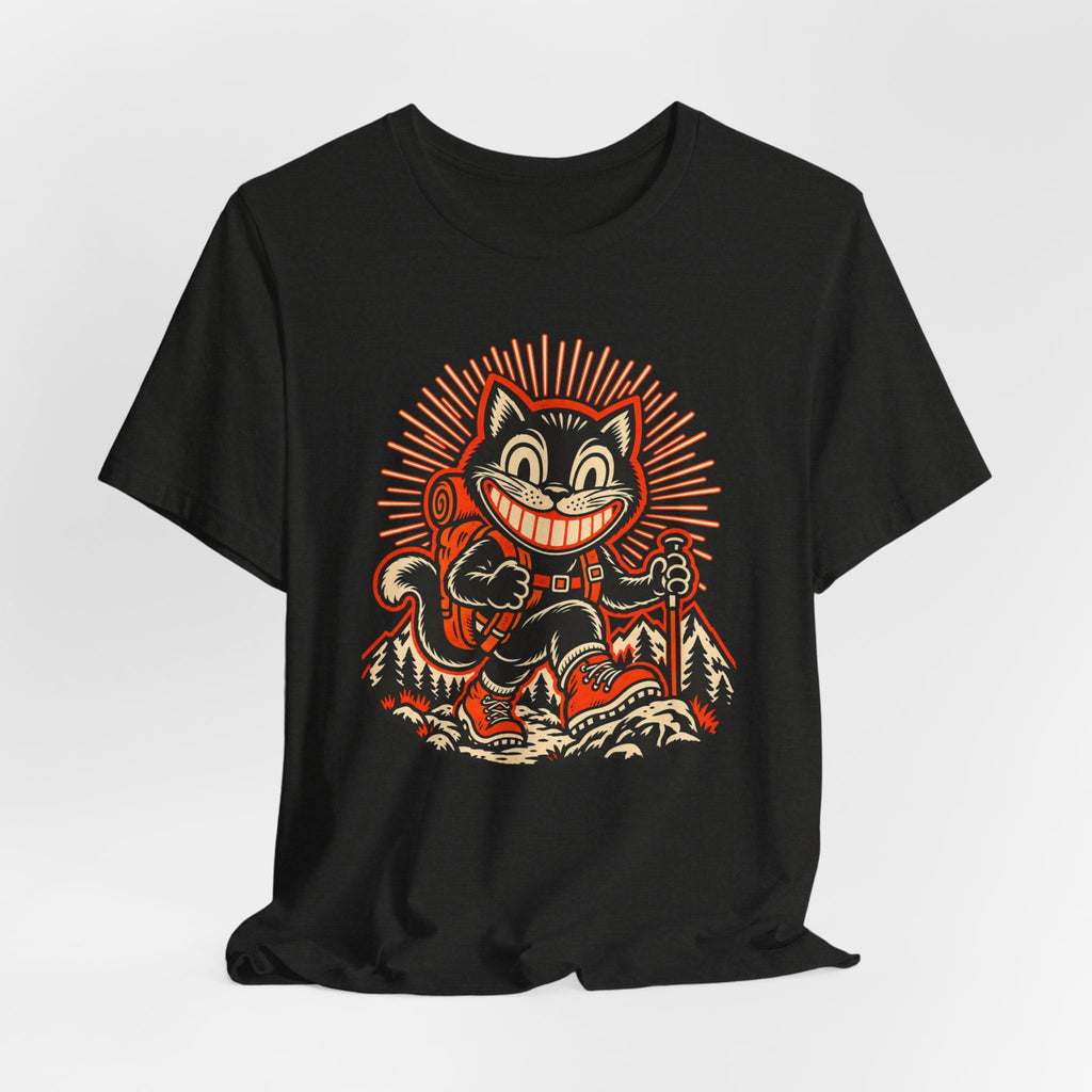 Grinning Black Cat Hiker Tee in Heather Maroon - funny black cat Halloween hiker shirt, Barely Outdoorsy Bella Canvas