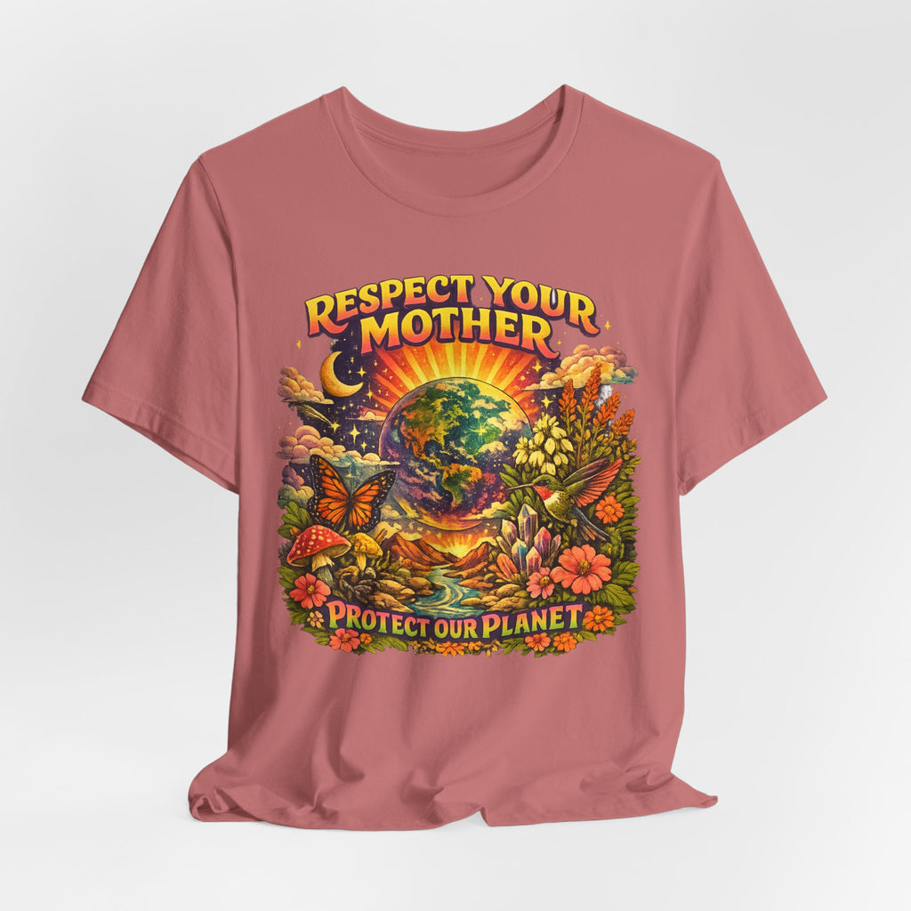 Respect Your Mother Protect Our Planet T-Shirt in Black Heather - 70s psychedelic Mother Earth graphic tee, Barely Outdoorsy