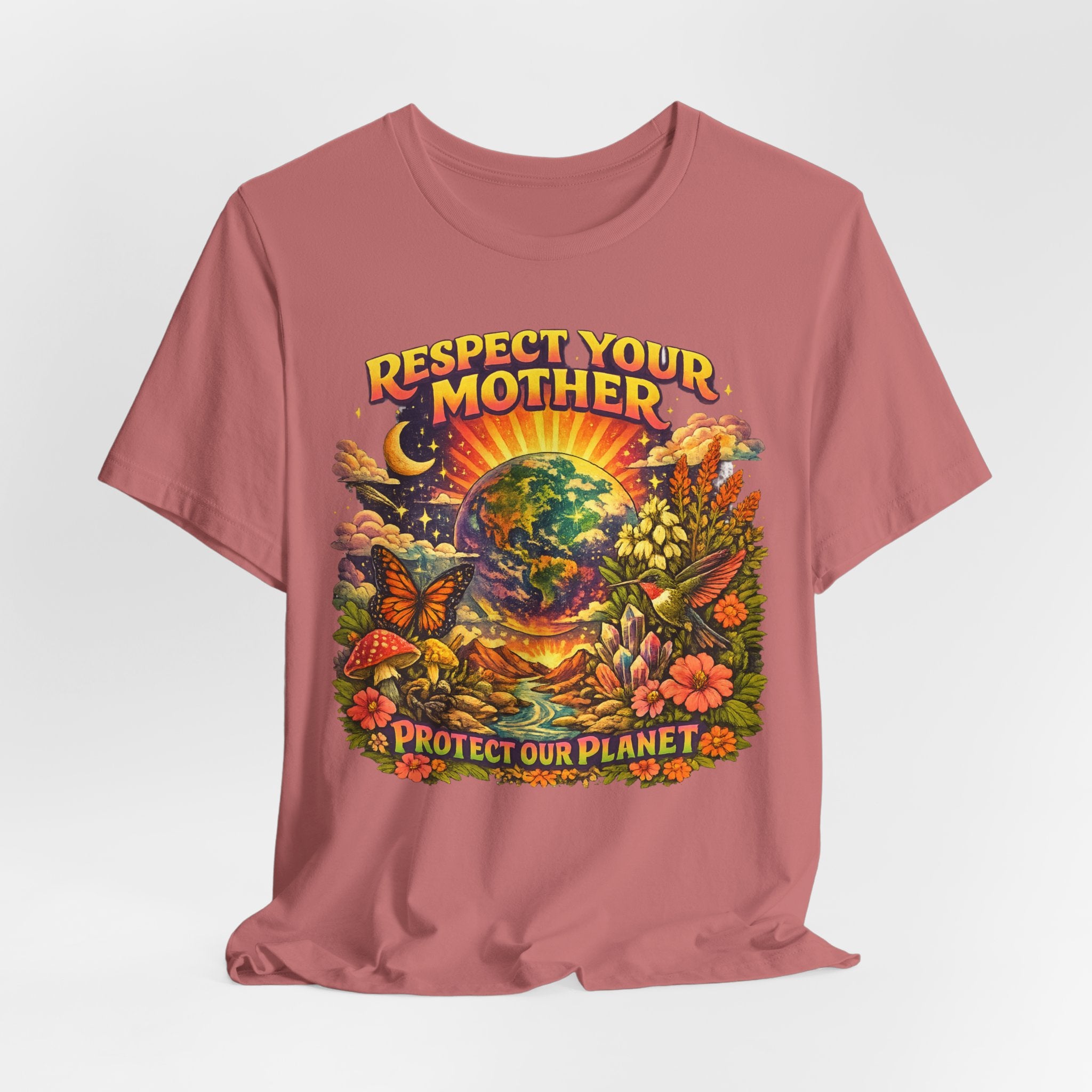 Respect Your Mother Protect Our Planet T-Shirt in Black Heather - 70s psychedelic Mother Earth graphic tee, Barely Outdoorsy