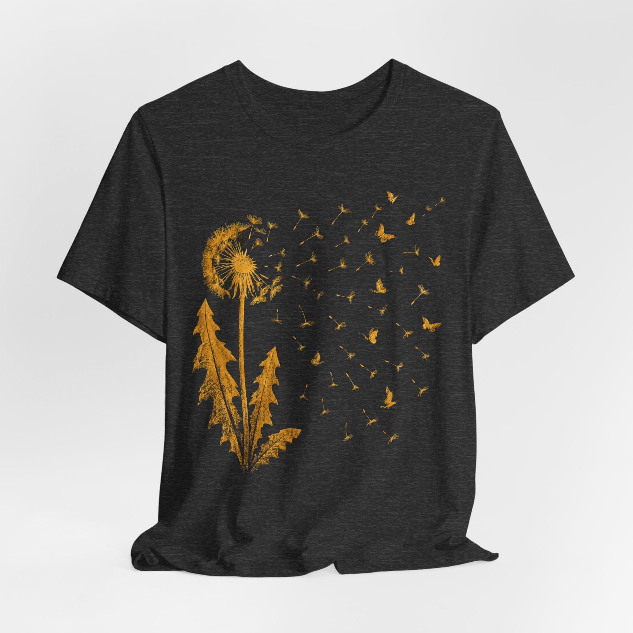 Dandelion Butterflies Wish T-Shirt in Dark Grey Heather - cottagecore botanical dandelion butterfly graphic tee, Barely Outdoorsy Bella Canvas 3001
