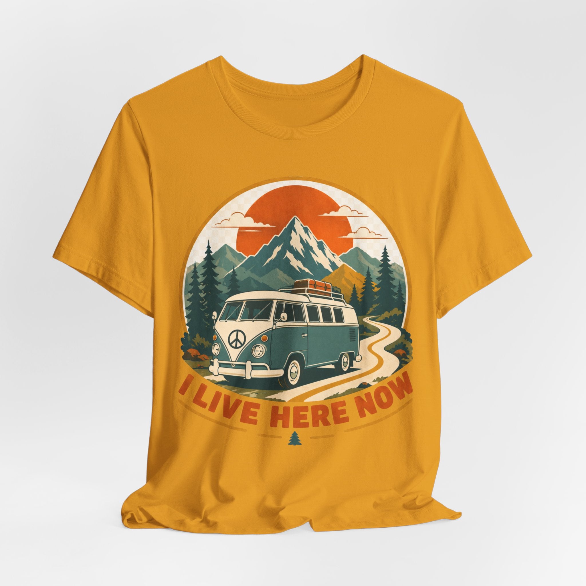 I Live Here Now Tee in Black Heather - van life mountain humor graphic shirt, Barely Outdoorsy Bella Canvas 3001