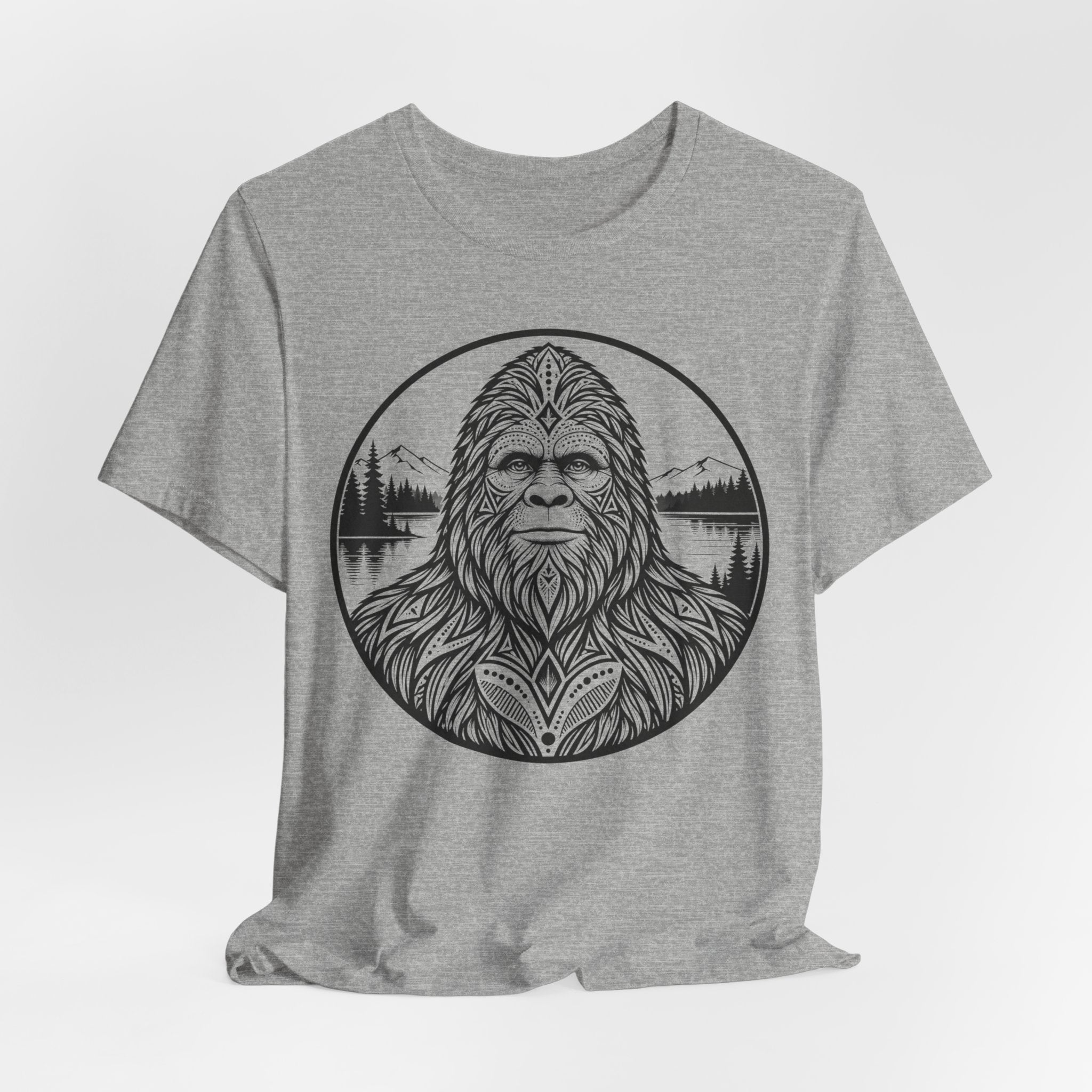 Bigfoot Sacred Geometry Portrait T-Shirt in Athletic Heather - boho geometric Sasquatch portrait graphic tee, Barely Outdoorsy Bella Canvas 3001