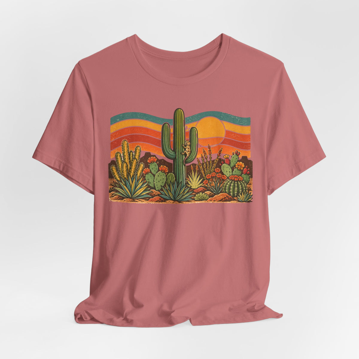 Retro Cactus Garden Desert Sunset T-Shirt in White - botanical cactus garden desert graphic tee, Barely Outdoorsy Bella Canvas