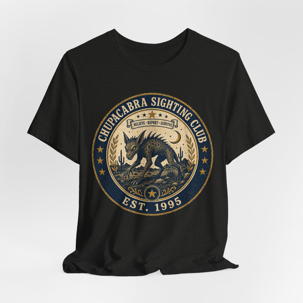 Chupacabra Sighting Club Tee in White - Southwest desert night cryptid badge, unisex Bella Canvas 3001