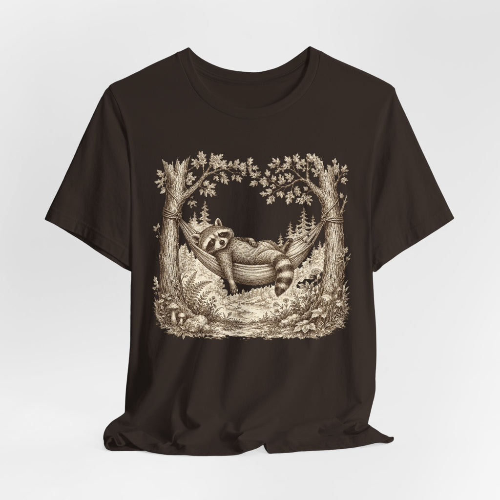Raccoon Hammock T-Shirt flat lay Dark Grey Heather - unisex crew neck vintage etching raccoon graphic tee, Barely Outdoorsy