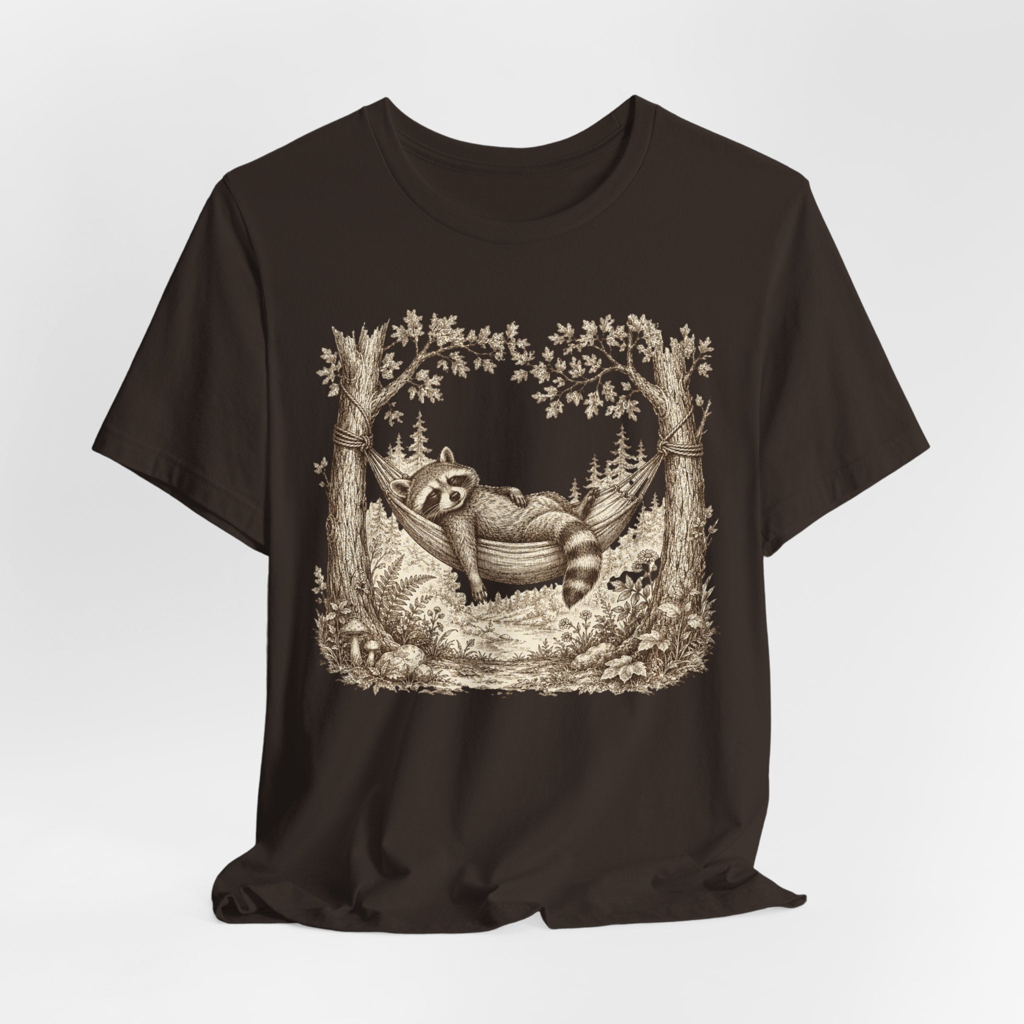 Raccoon Hammock T-Shirt flat lay Dark Grey Heather - unisex crew neck vintage etching raccoon graphic tee, Barely Outdoorsy