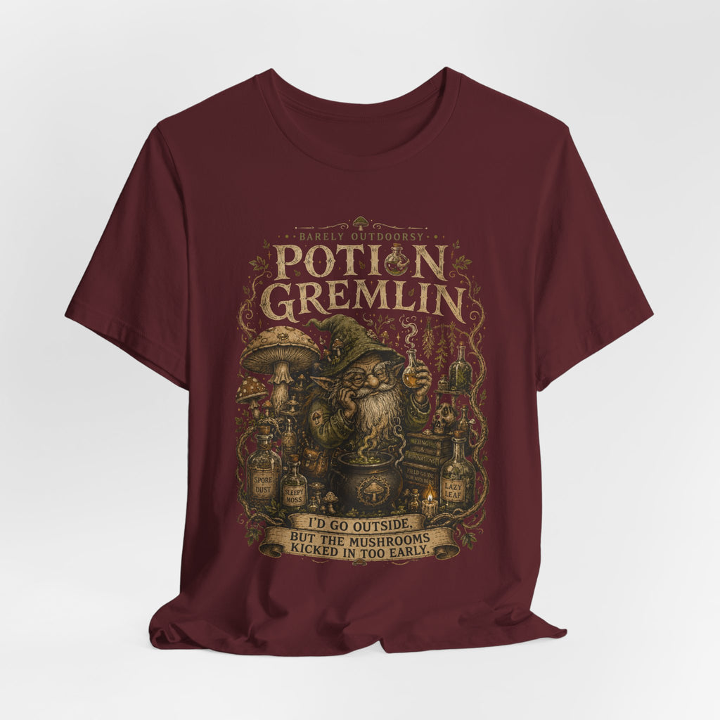 Potion Gremlin Goblincore T-Shirt in Black - funny goblincore potion gremlin graphic tee, Barely Outdoorsy Bella Canvas 3001