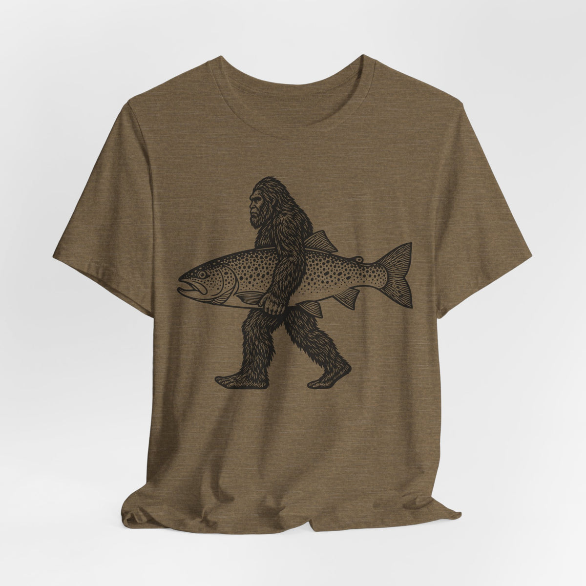 Bigfoot Fishing Sasquatch Trout T-Shirt in Heather Sand Dune - funny Bigfoot fishing Sasquatch trout fisherman graphic tee, Barely Outdoorsy