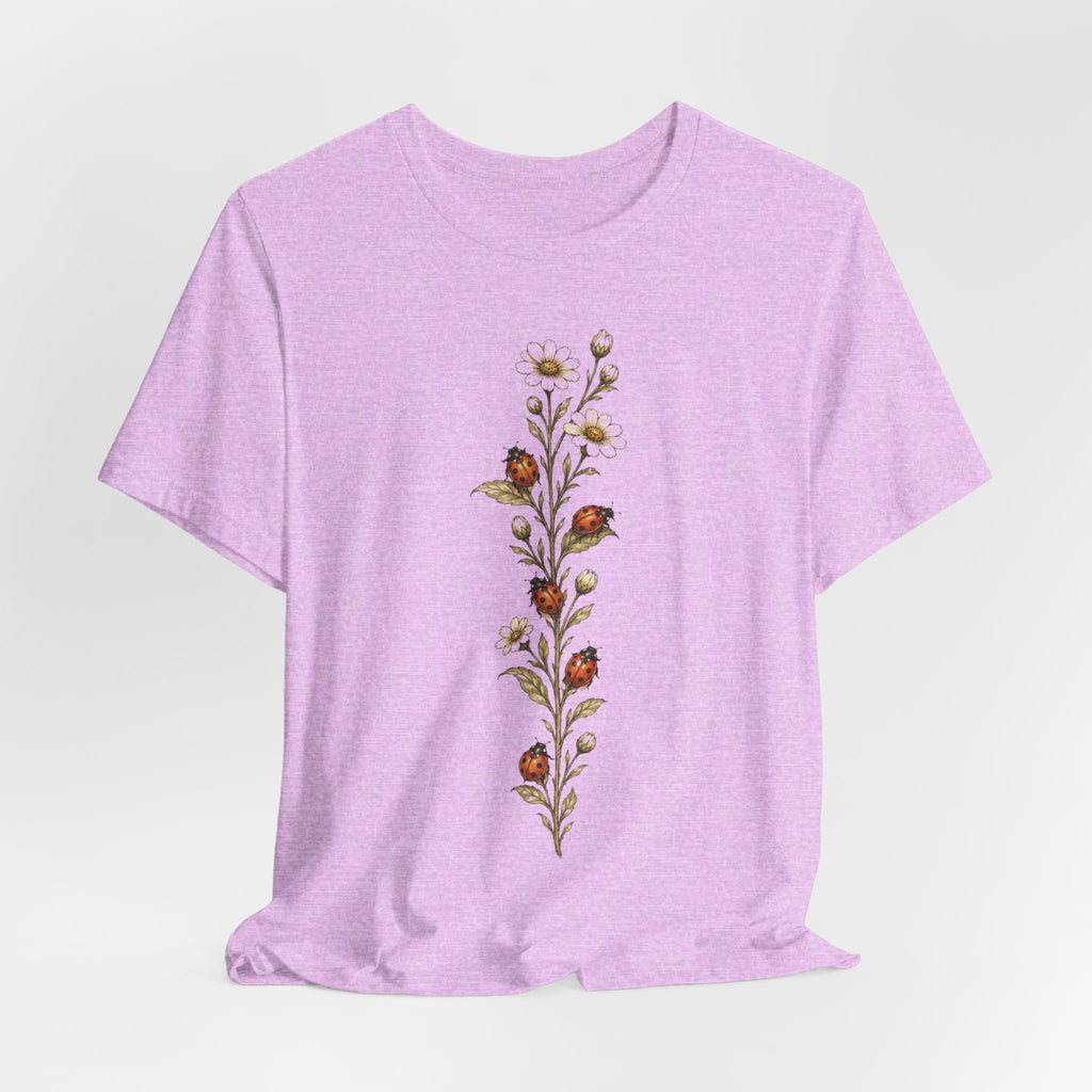 Ladybug Daisy Vine Botanical T-Shirt in Black Heather - cottagecore botanical ladybug graphic tee, Barely Outdoorsy