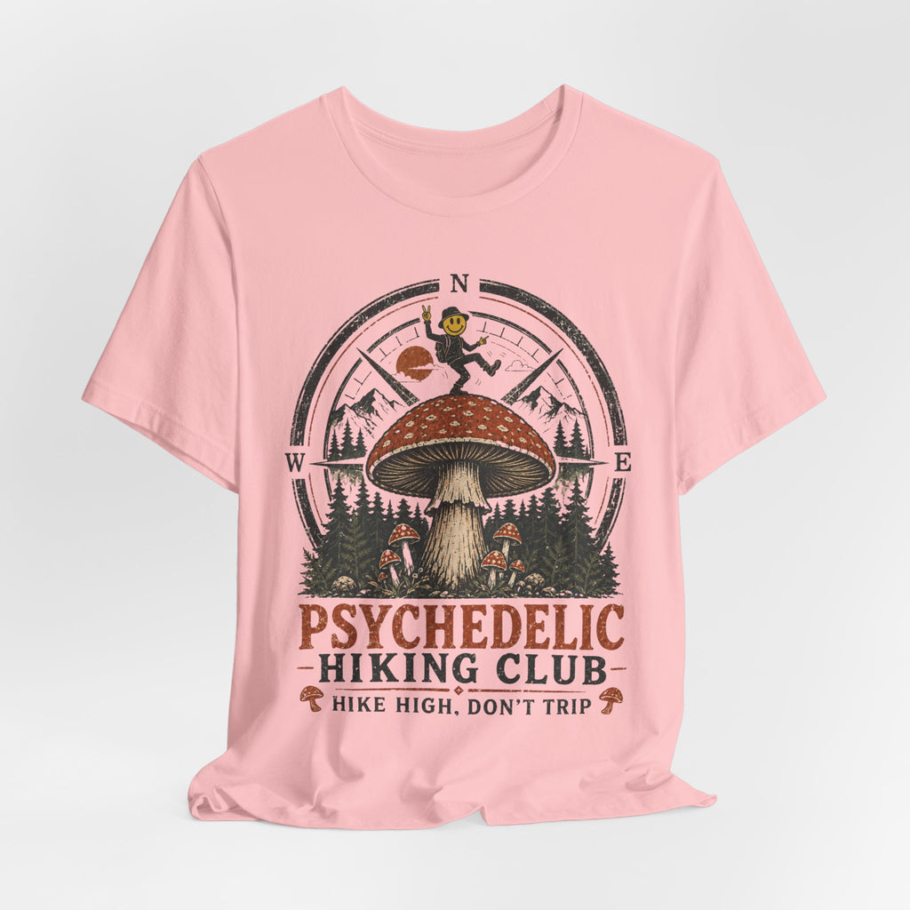 Psychedelic Hiking Club T-Shirt in Heather Ice Blue detail - mushroom crow hiking close-up graphic, Barely Outdoorsy