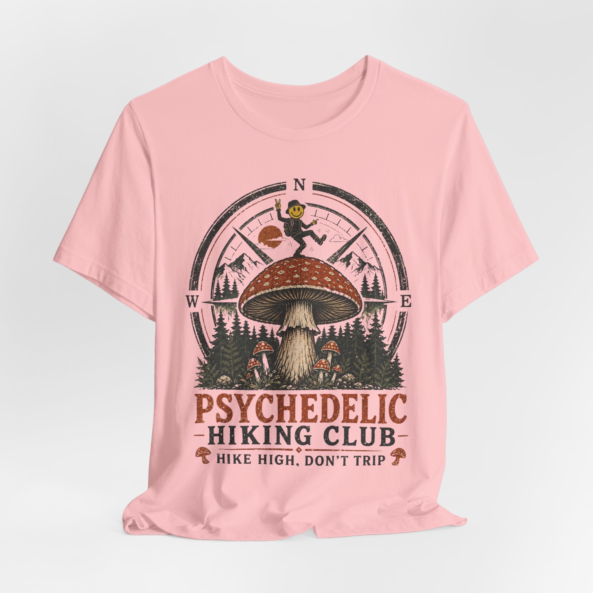 Psychedelic Hiking Club T-Shirt in Heather Ice Blue detail - mushroom crow hiking close-up graphic, Barely Outdoorsy