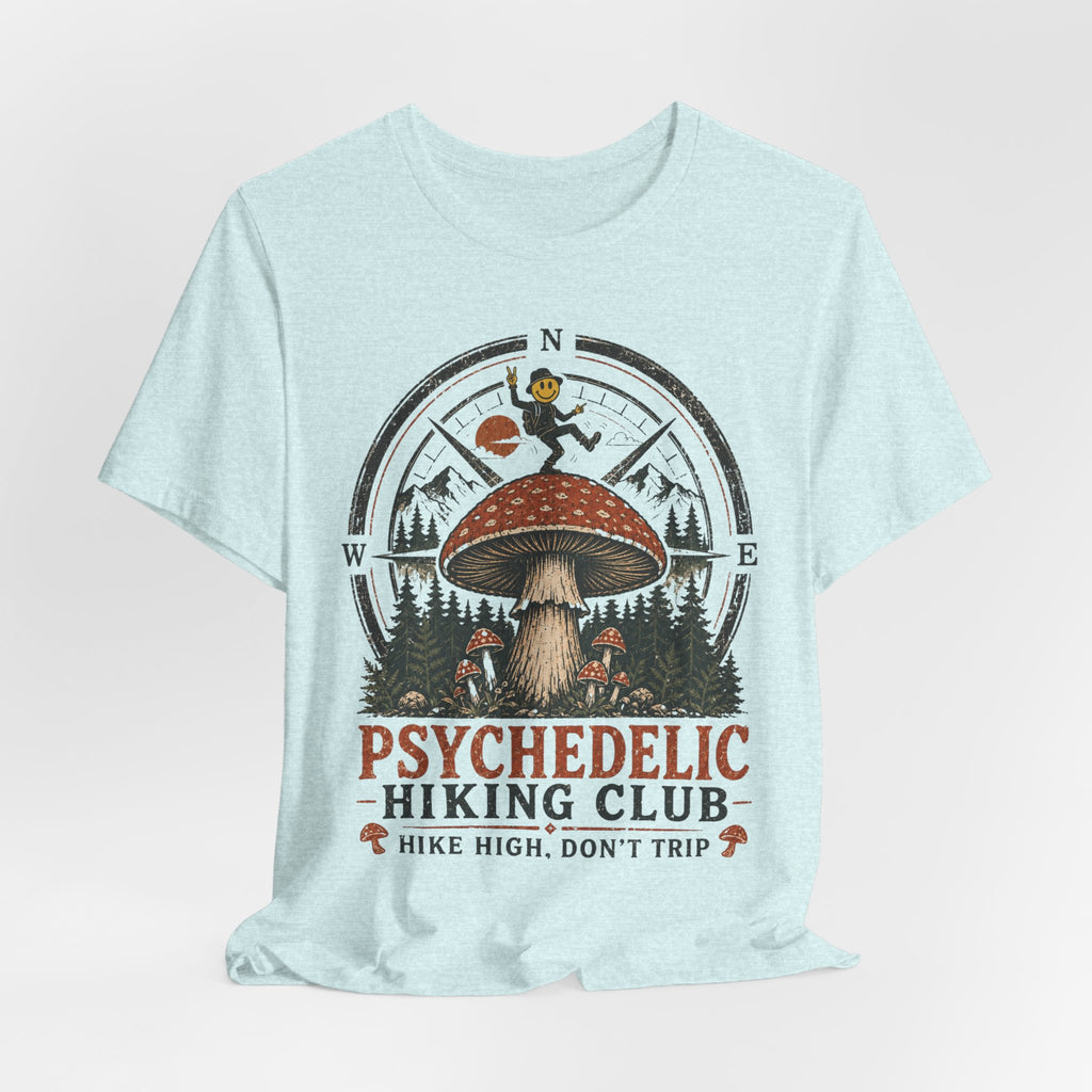 Psychedelic Hiking Club Tee flat lay Athletic Heather - unisex crew neck dark cottagecore hiking graphic tee, Barely Outdoorsy