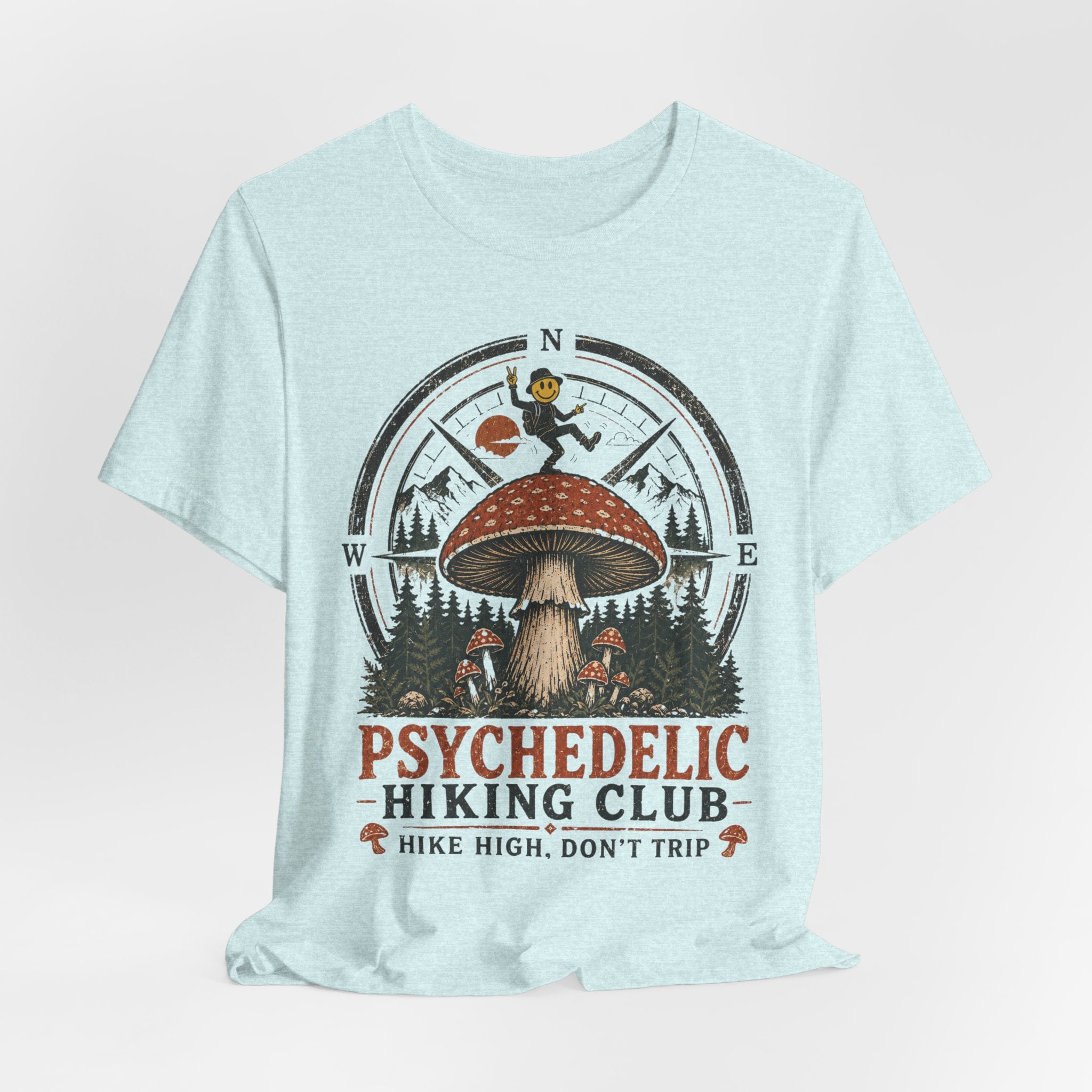 Psychedelic Hiking Club Tee flat lay Athletic Heather - unisex crew neck dark cottagecore hiking graphic tee, Barely Outdoorsy