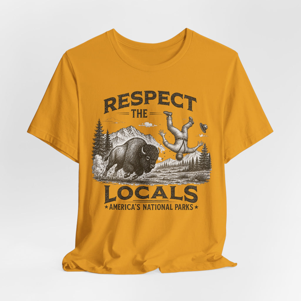 Respect The Locals Bison T-Shirt in Heather Peach detail - vintage etching bison scene close-up national park graphic