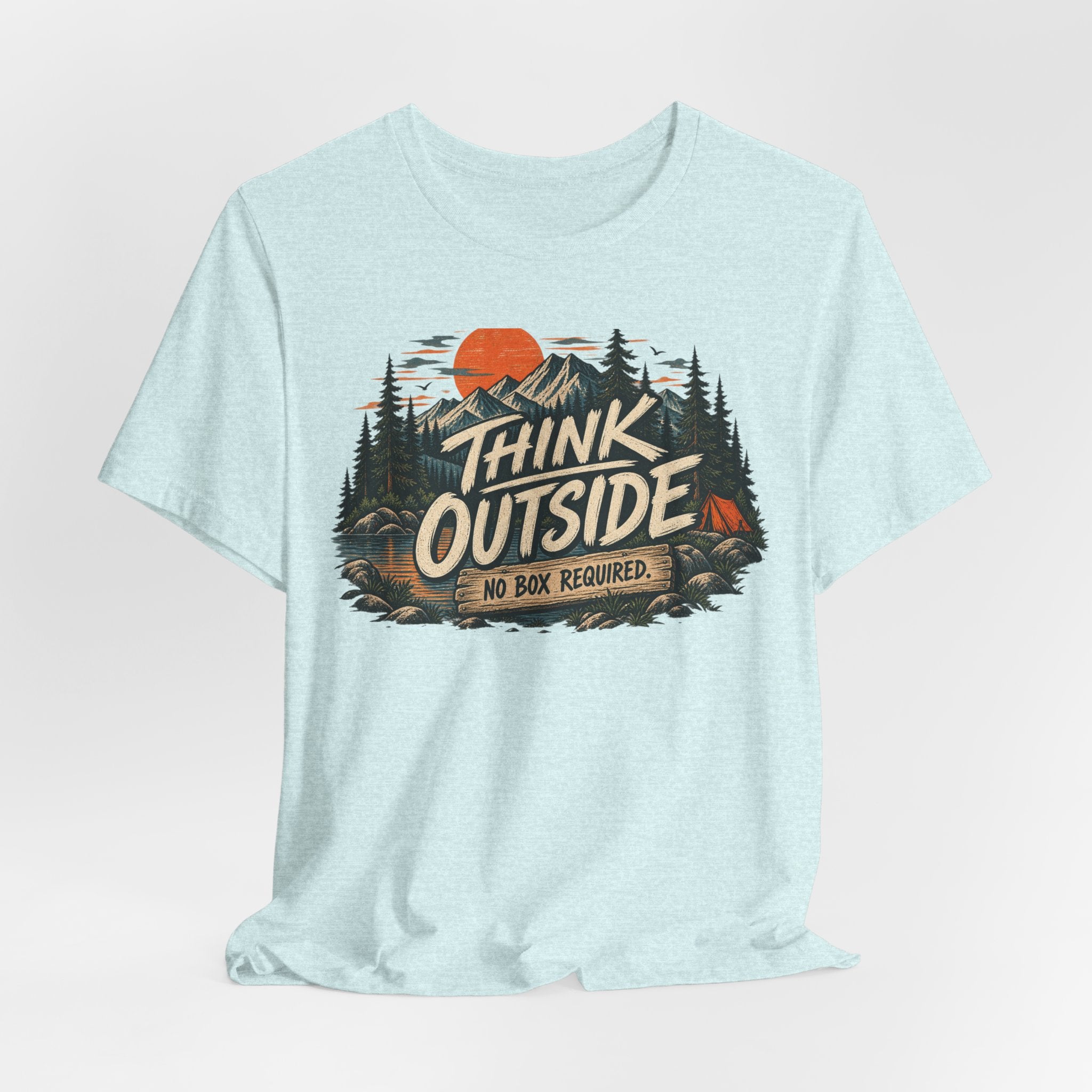 Think Outside No Box Required Tee in Heather Peach - funny nature thinking humor shirt, Barely Outdoorsy Bella Canvas