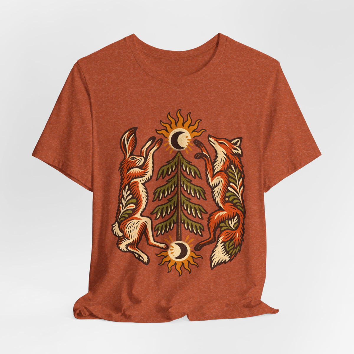 Fox and Hare Folk Art T-Shirt in Heather Purple - folk art fox and hare woodland wildlife graphic tee, Barely Outdoorsy