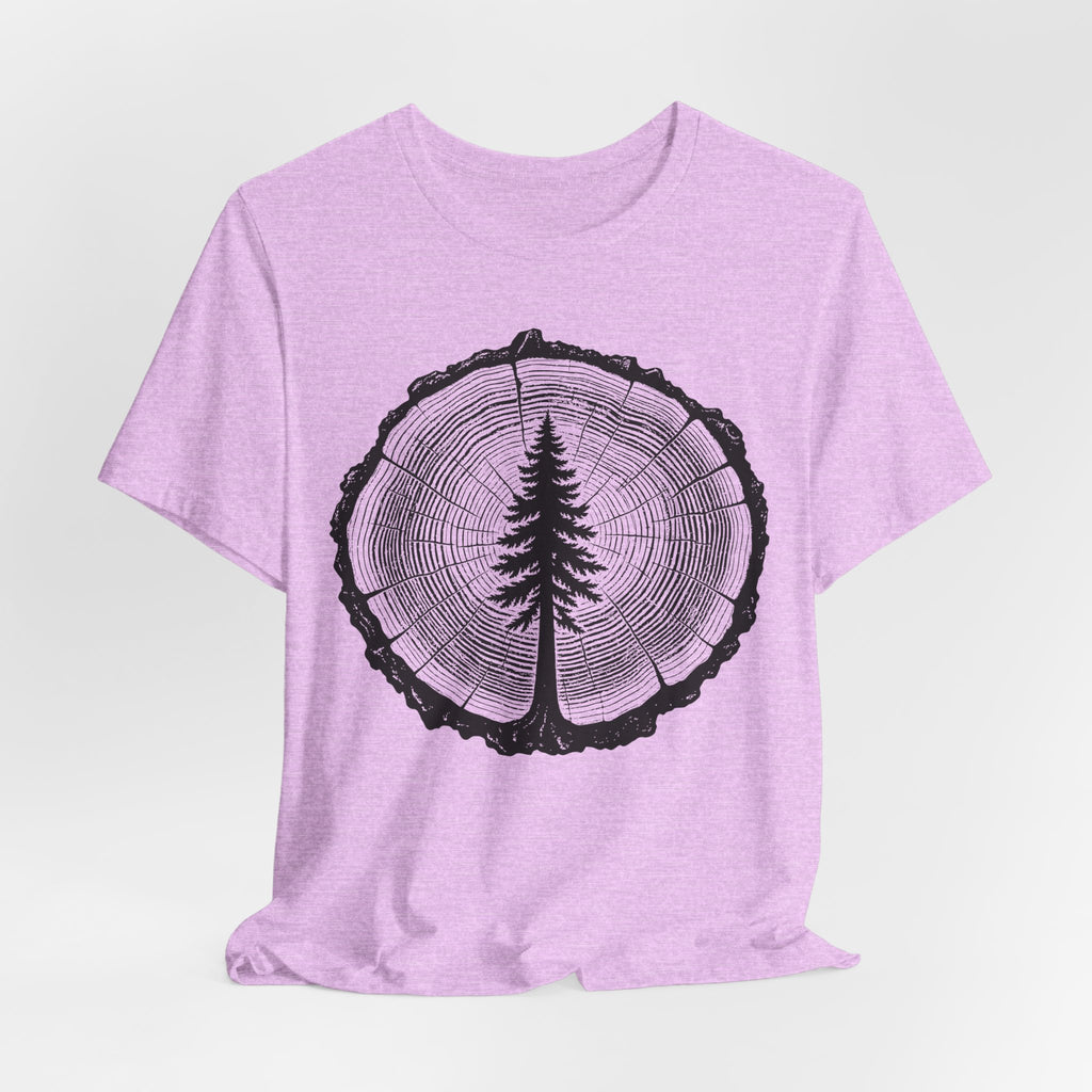 Tree Rings Pine Silhouette T-Shirt in Dark Grey Heather detail - pine tree rings silhouette close-up graphic