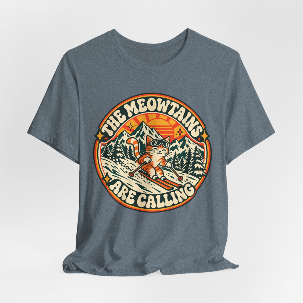 The Meowtains Are Calling Ski Cat Tee in Heather Navy - funny meowtains ski cat shirt, Barely Outdoorsy