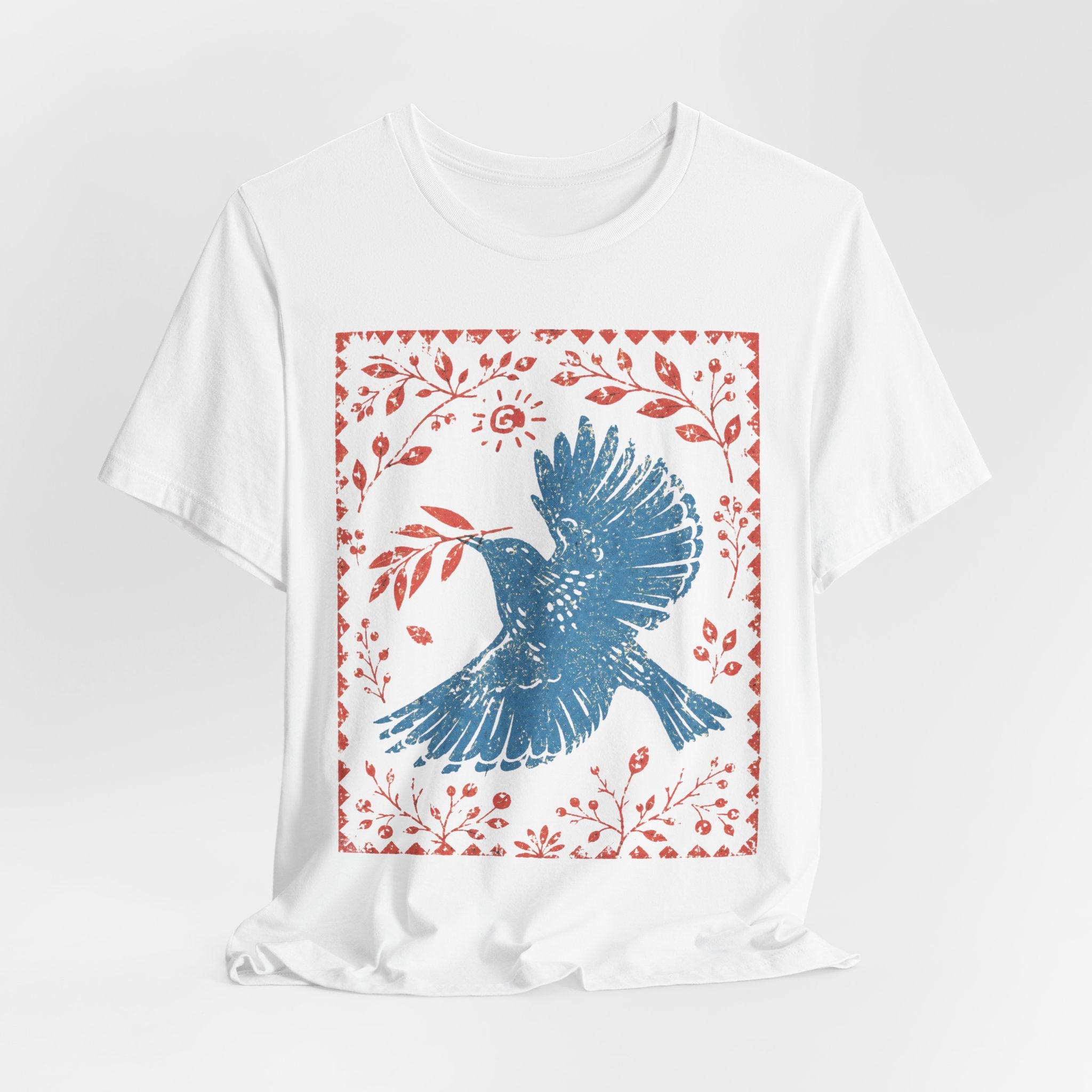 Blue Peace Dove Folk Art Tee in Pink - folk art peace dove Southwest shirt, Barely Outdoorsy