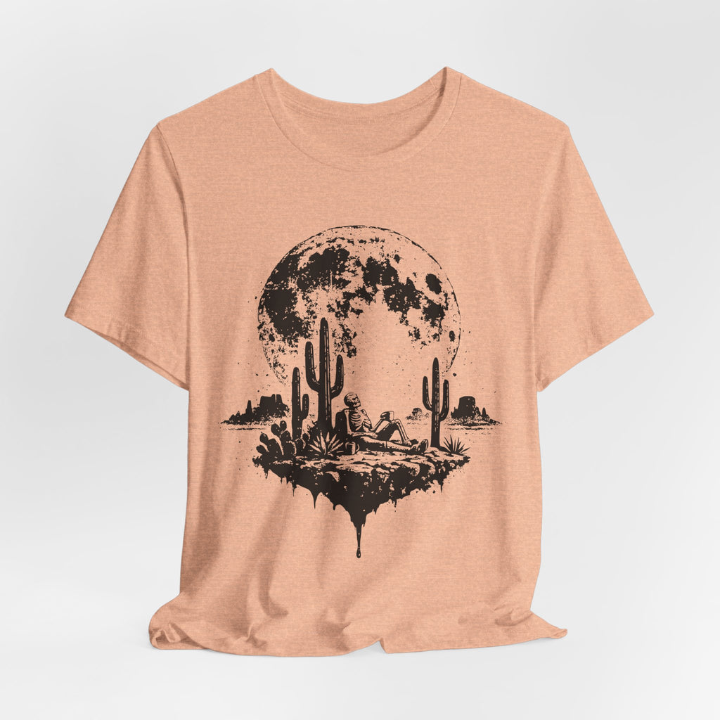 Skeleton Desert Coffee Tee in Heather True Royal detail - skeleton desert coffee close-up graphic, Barely Outdoorsy